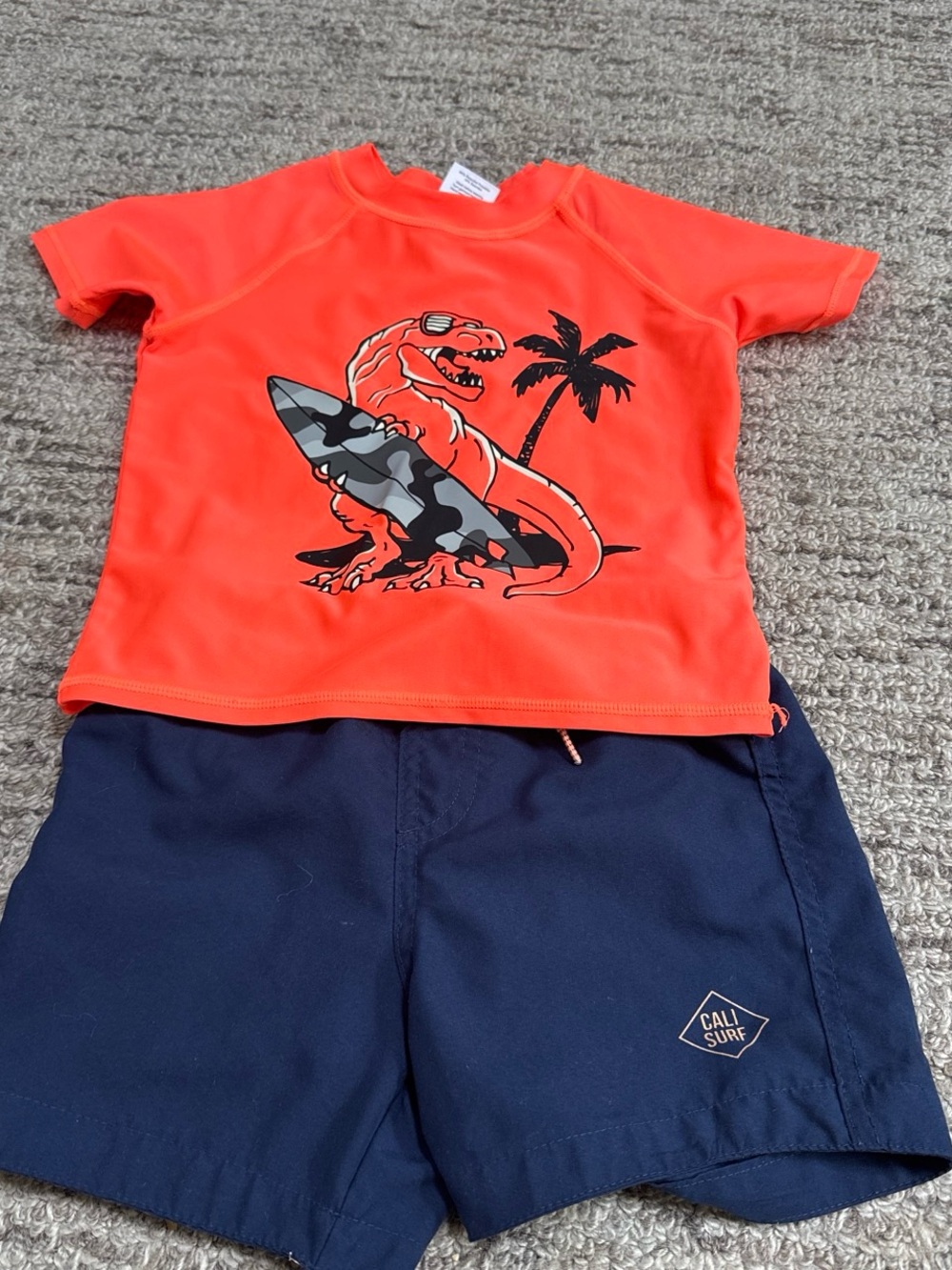 Kids Orange Dino Surf Rash Guard and Navy Swim Shorts Set
